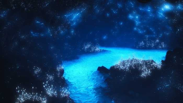 Fantasy art landscape with glowing blue water