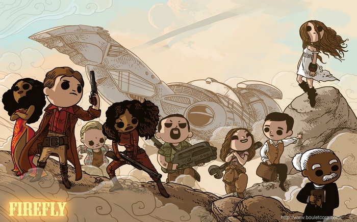 Firefly characters with a spaceship