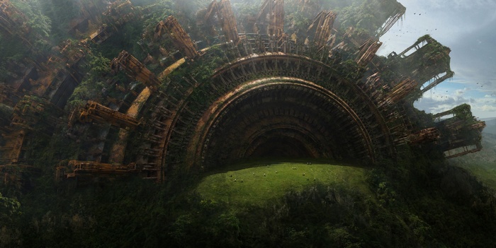 Apocalyptic futuristic ruin overgrown with jungle