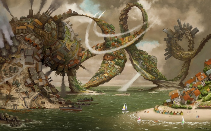 Surreal artwork of a city built on a giant spiral creature