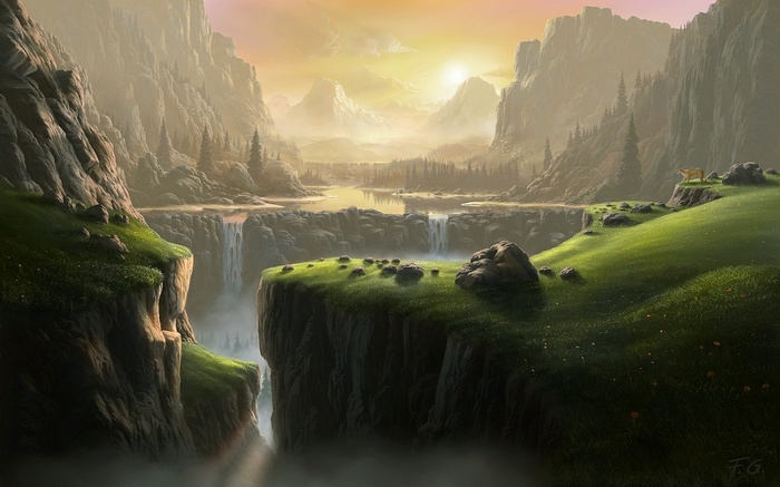 Fantasy landscape with mountains, river, and waterfalls