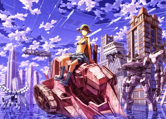 Anime girl on a mech in a flooded city with Armored Core mechs