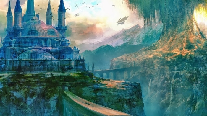 Fantasy city with grand architecture and flying creatures