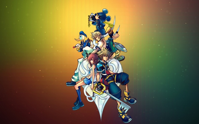 Kingdom Hearts characters Sora, Kairi, Riku, Mickey, Donald, and Goofy