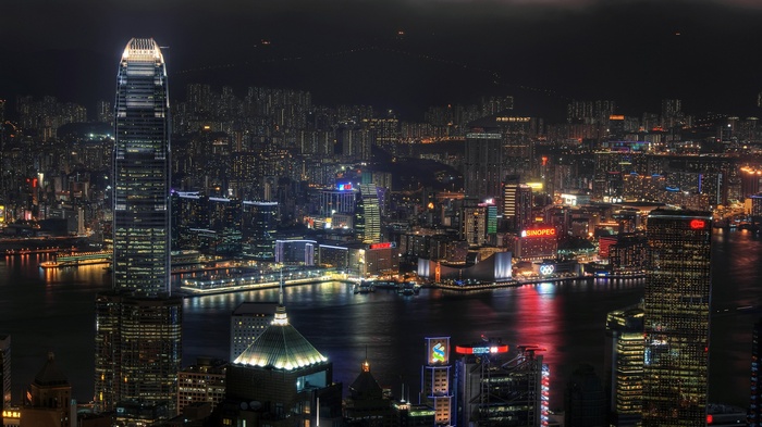 Nighttime cityscape of Victoria Harbour, Hong Kong