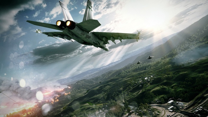 Battlefield 3: Navy fighter jets flying over a valley