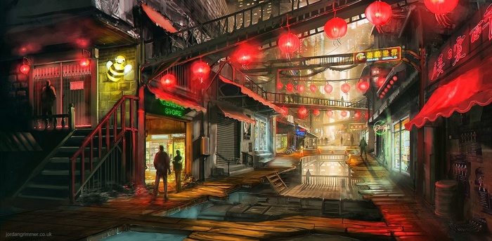 Cyberpunk Cityscape with Japanese Lanterns and General Store