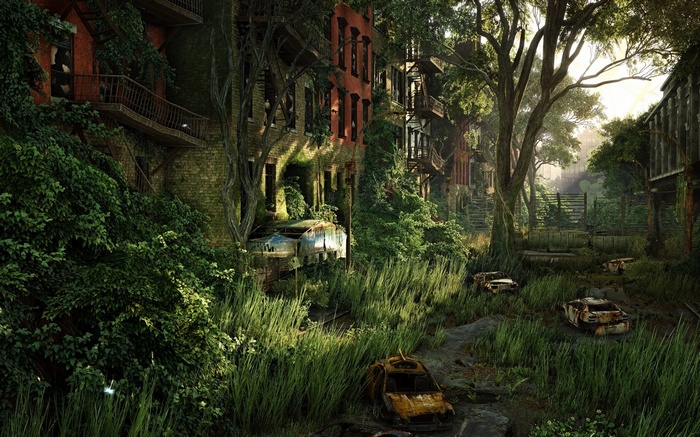 Overgrown city with abandoned cars in Crysis 3