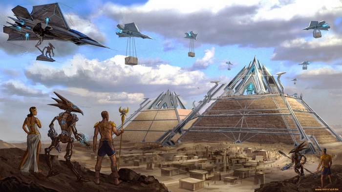 Futuristic pyramids with flying vehicles and alien figures