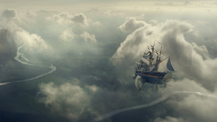 Fantasy airship sailing through clouds over a river