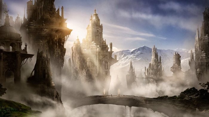 Fantasy city built on rocky cliffs with mountains in the background