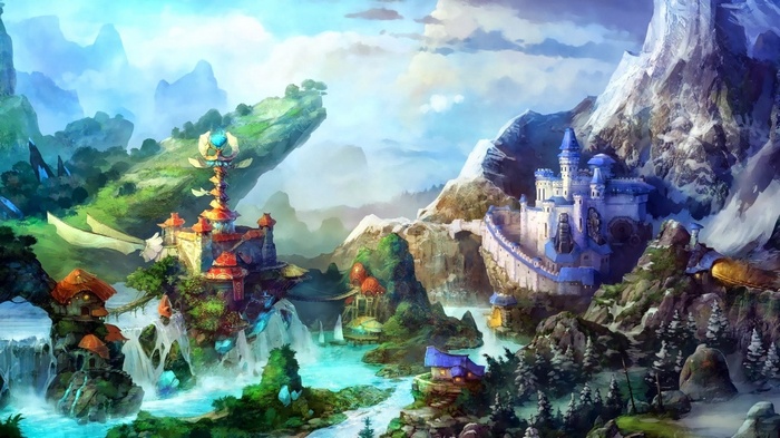 Fantasy city artwork with castles and mountains