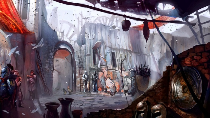 Dragon Age concept art of a fantasy city marketplace