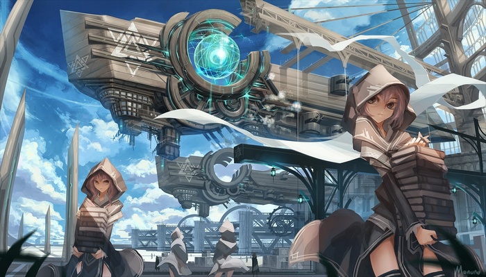 Anime girls with books in a futuristic city