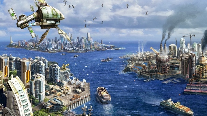 Futuristic cityscape with factories and flying machines