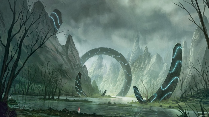 Fantasy landscape with glowing ancient structures