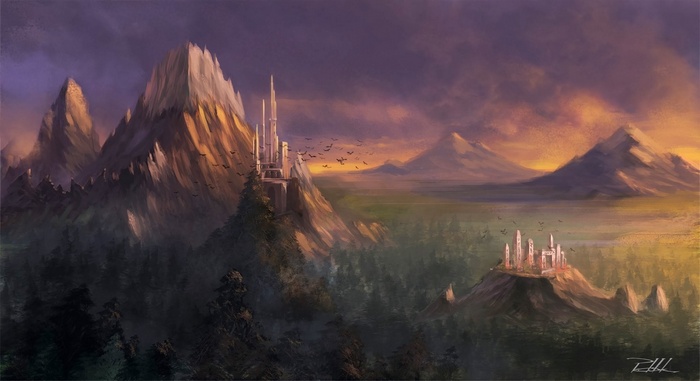 Fantasy castle and ruins on mountains at sunset
