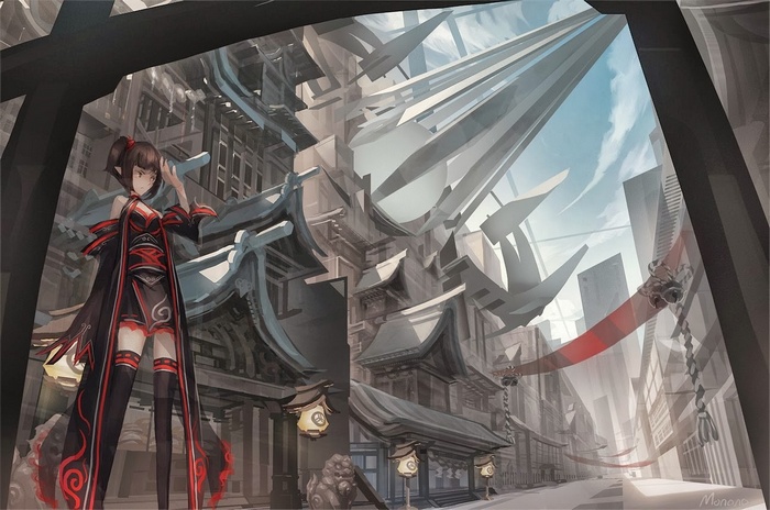 Anime girl in a fantasy city