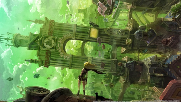 Gravity Rush anime girl and black cat in a city