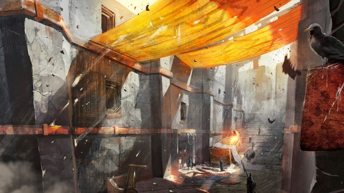 Dragon Age II concept art of a ruined city courtyard