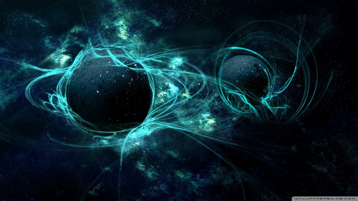Abstract space art with planets and blue energy