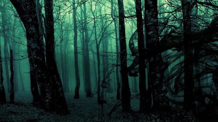 Dark and spooky forest with ethereal figures