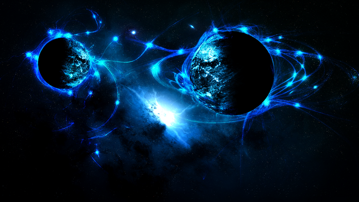 Two planets connected by blue energy in deep space