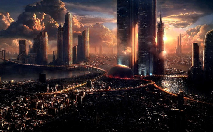 Futuristic cityscape with dramatic clouds at sunset
