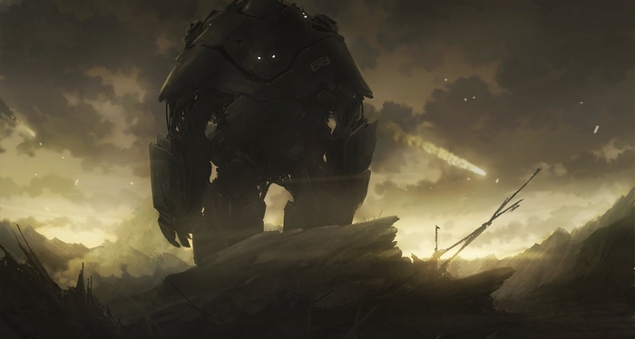 Giant robot in a desolate landscape