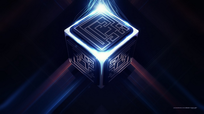 Lacza futuristic cube with glowing blue lights