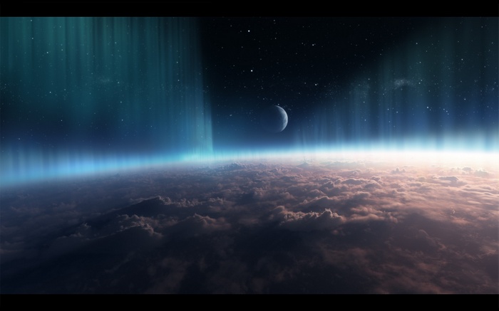 Planet with aurora and moon in space