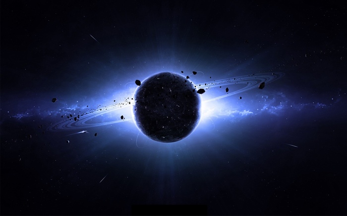 Planet with asteroid belt and rings in space