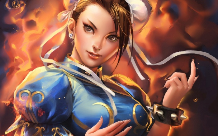 Chun-Li from Street Fighter with fire background