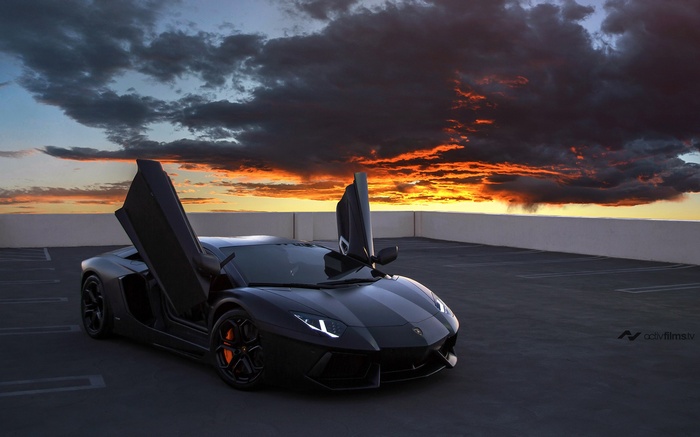 Black Lamborghini Aventador with Scissor Doors at Sunset