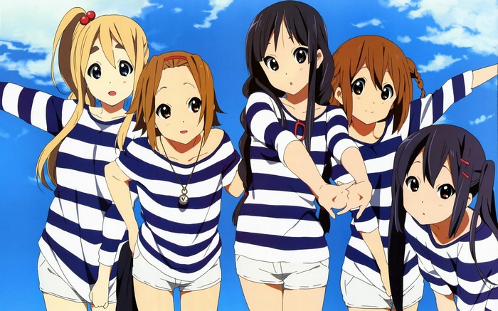 K-ON! girls in matching striped shirts