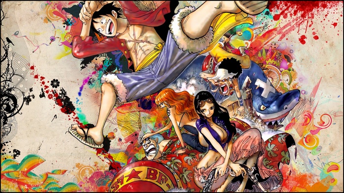One Piece characters with colorful abstract art