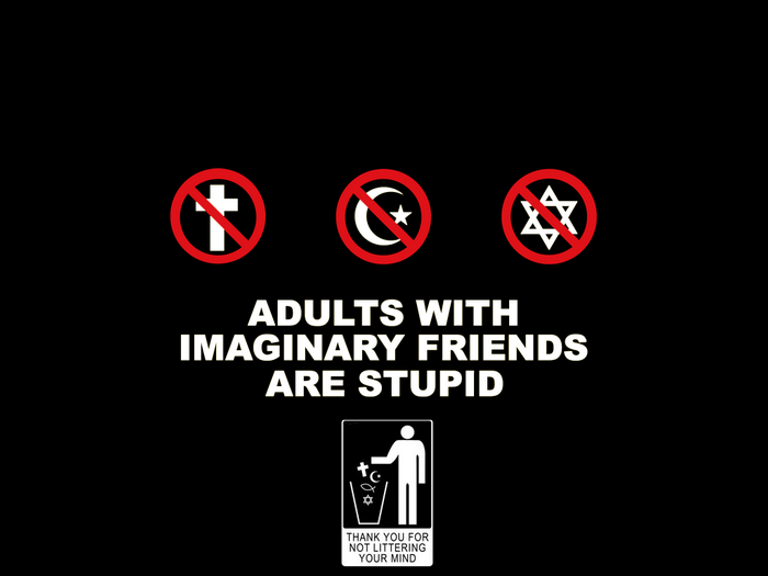 Anti-religion symbols and text on black background