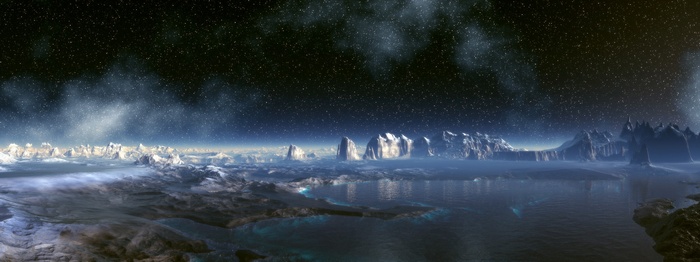 Alien planet landscape with icy mountains and starry sky