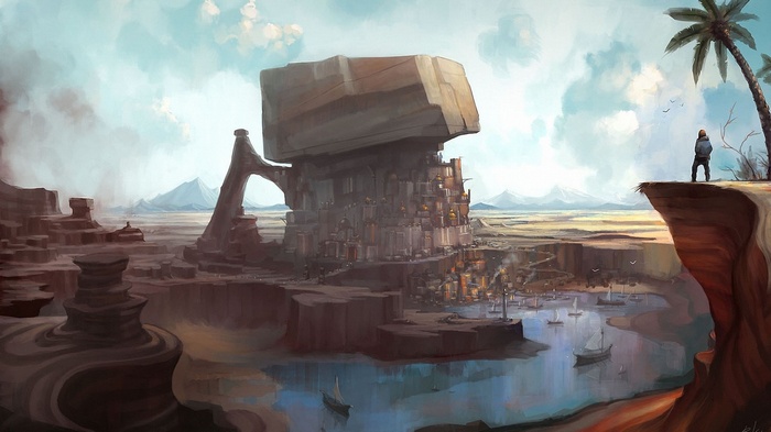 Fantasy city built on a cliff overlooking a harbor