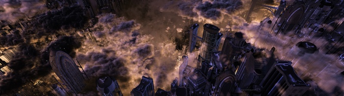 Futuristic cityscape with dark clouds
