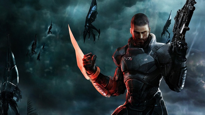 Commander Shepard with Reapers in Mass Effect 3