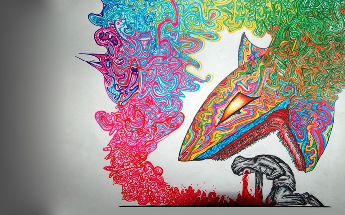 Psychedelic shark attacking a kneeling person with blood