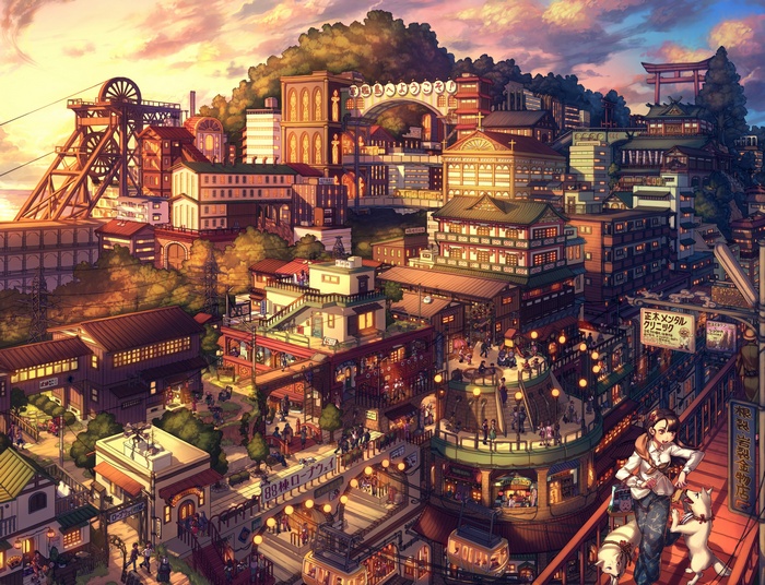Anime cityscape with a mine shaft and torii gate