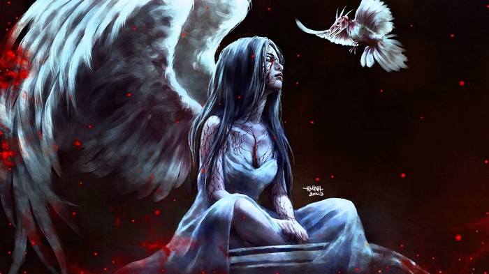 Angel with bloody wounds and a bird