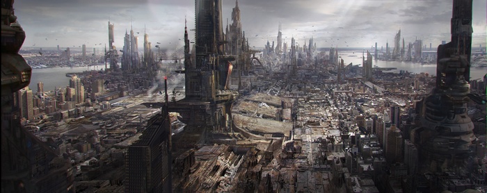 Futuristic city with skyscrapers and a river