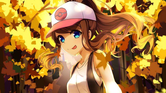 Anime girl with Pokémon hat in autumn leaves