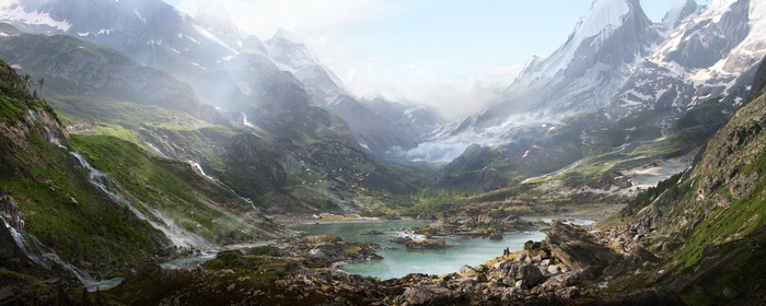 Thomas Galad's matte painting of a mountain valley with a lake