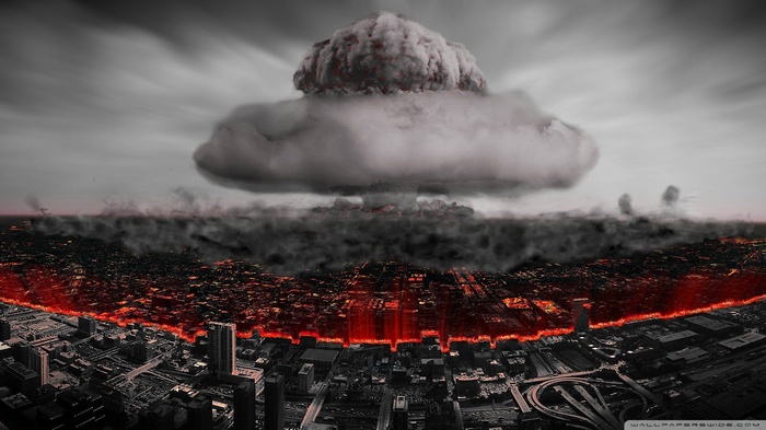 Apocalyptic cityscape with nuclear explosion and fire
