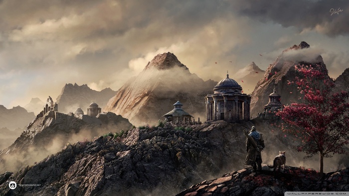 Fantasy landscape with ancient temples and a lone traveler with a wolf