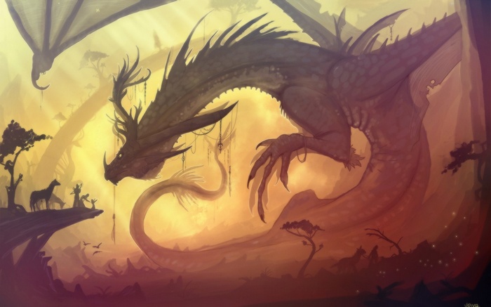 Dragon interacting with figures on a cliff